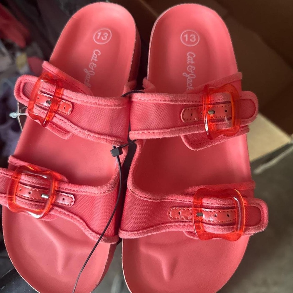Cat & Jack Girls Coral Pink EVA Double Strap Slide Sandals Clear Buckle Size 13